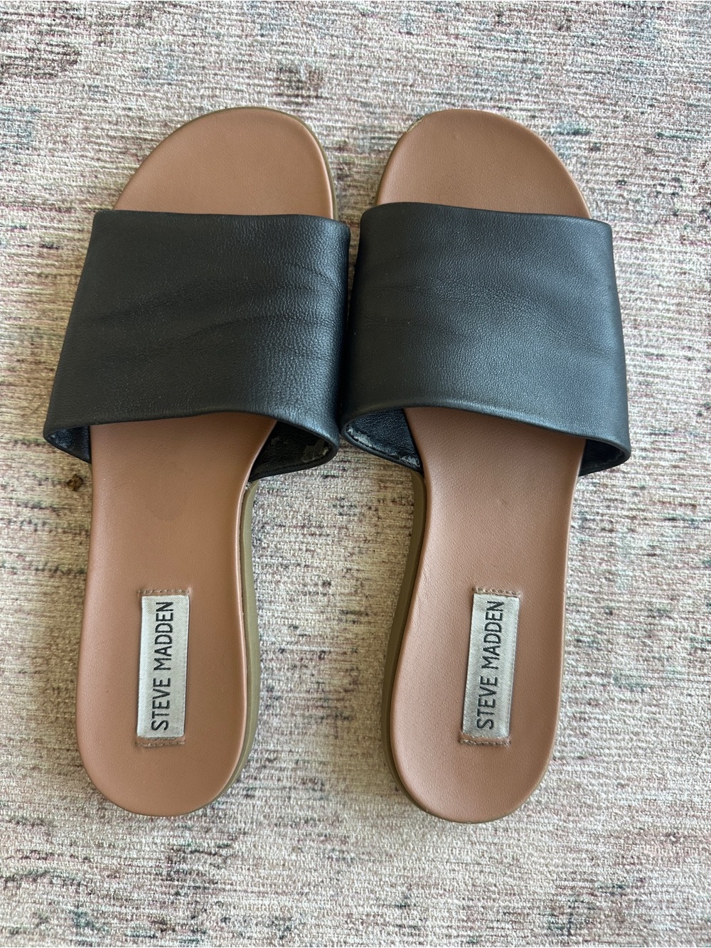 Steve Madden Black Slide Sandals with Tan Footbed